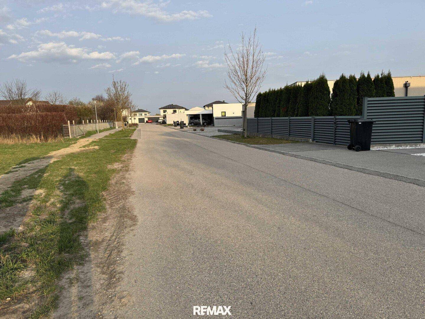 Ruhige Wohnstraße mit gepflegten Hecken und Häusern im Hintergrund unter bewölktem Himmel.