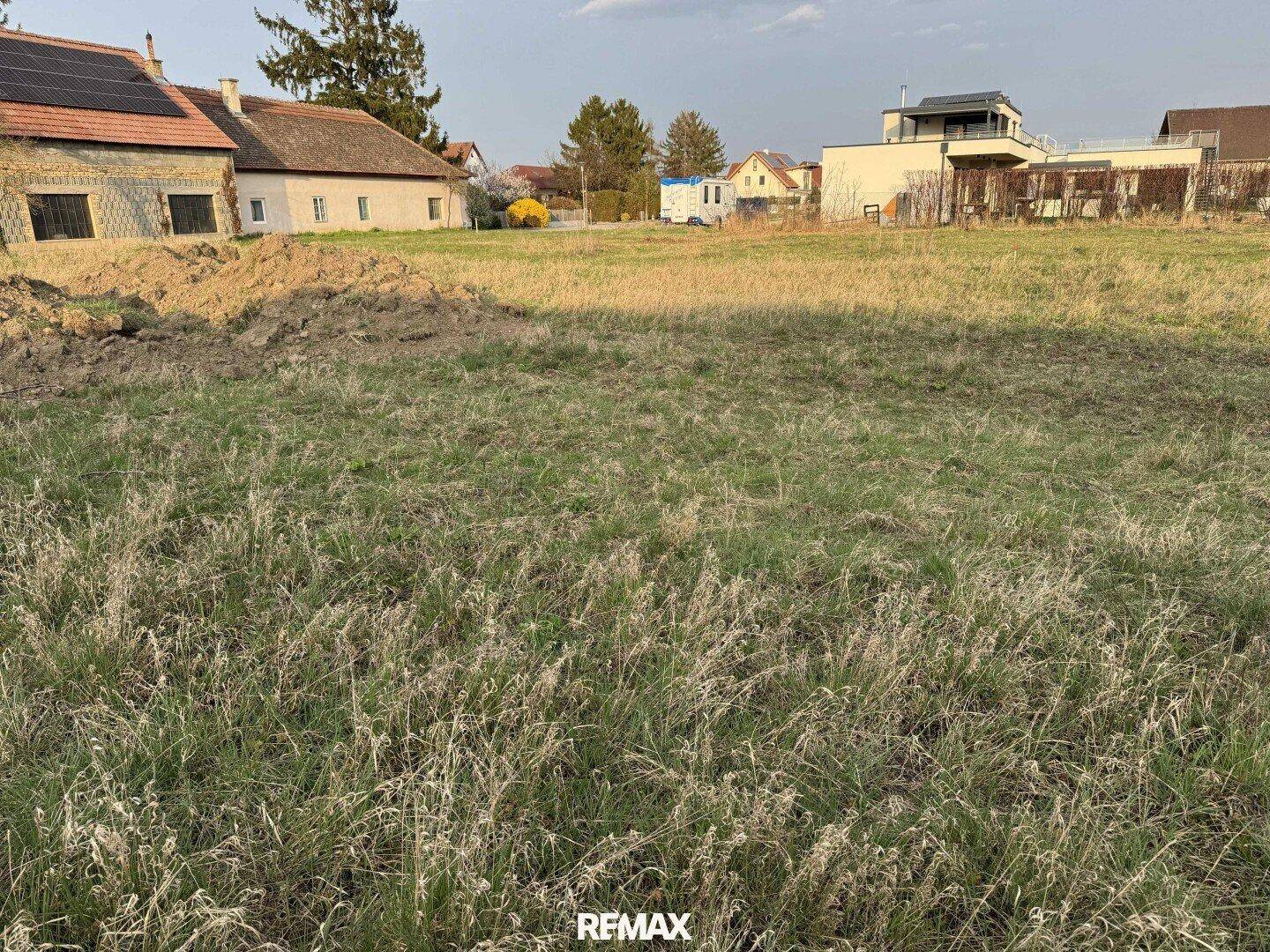 Grüne Wiese mit Erdhaufen und Blick auf die umliegenden Gebäude, darunter alte und neue Häuser.