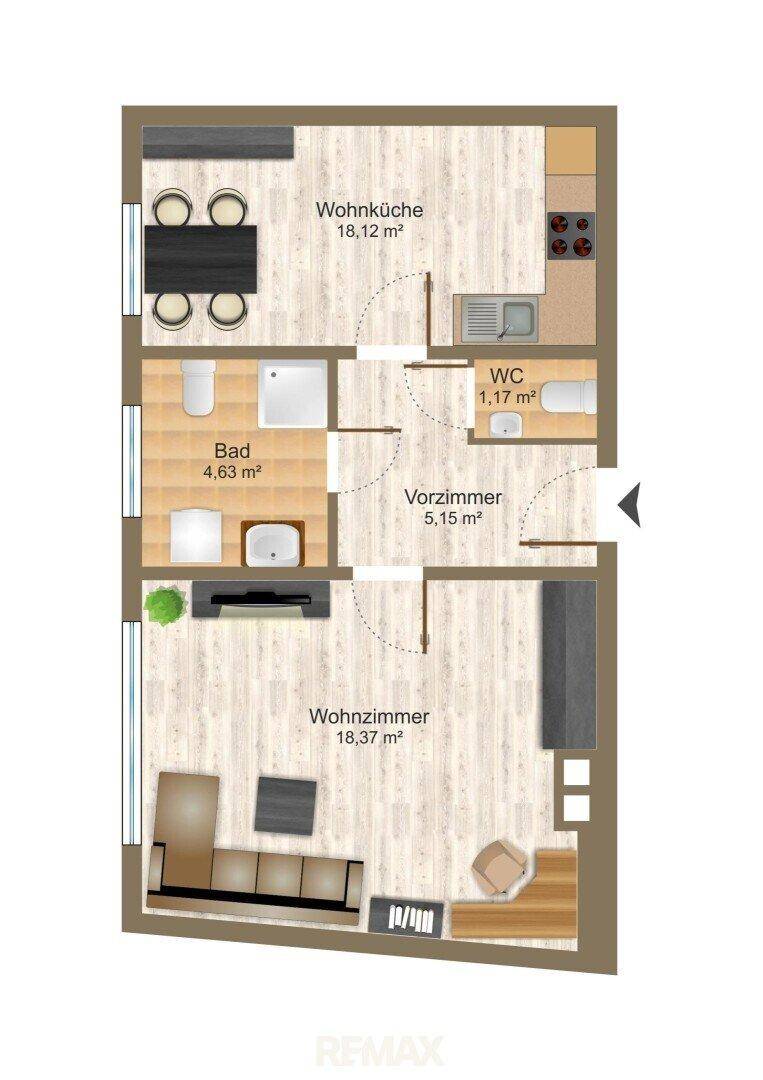 Grundriss zeigt eine Wohnküche, Bad, WC, Vorzimmer und Wohnzimmer.