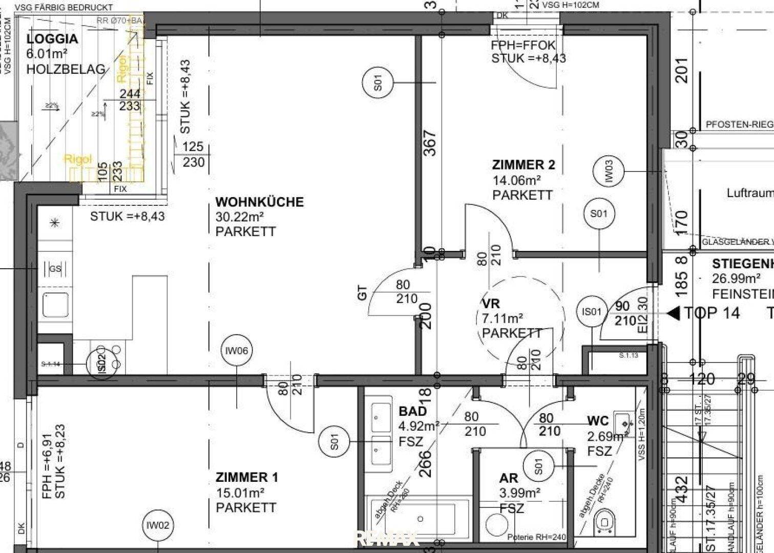 Grundriss einer Wohnung mit Wohnküche, zwei Zimmern, Bad und separatem WC.