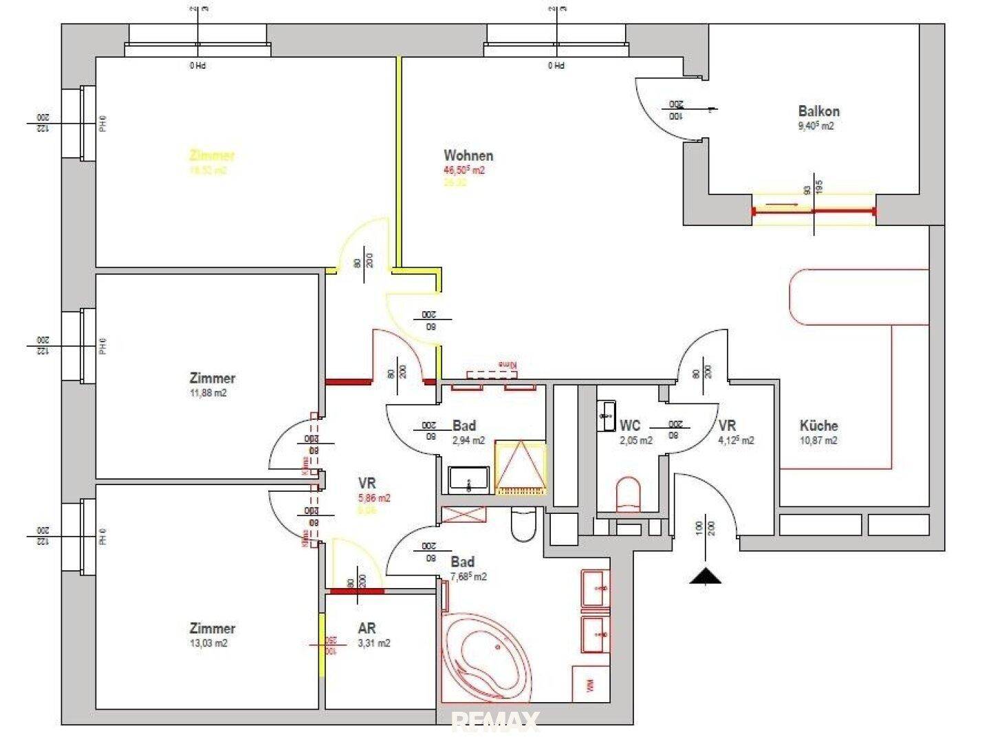 Grundriss einer Wohnung mit mehreren Zimmern, offenem Wohnbereich, zwei Bädern und Balkon.
