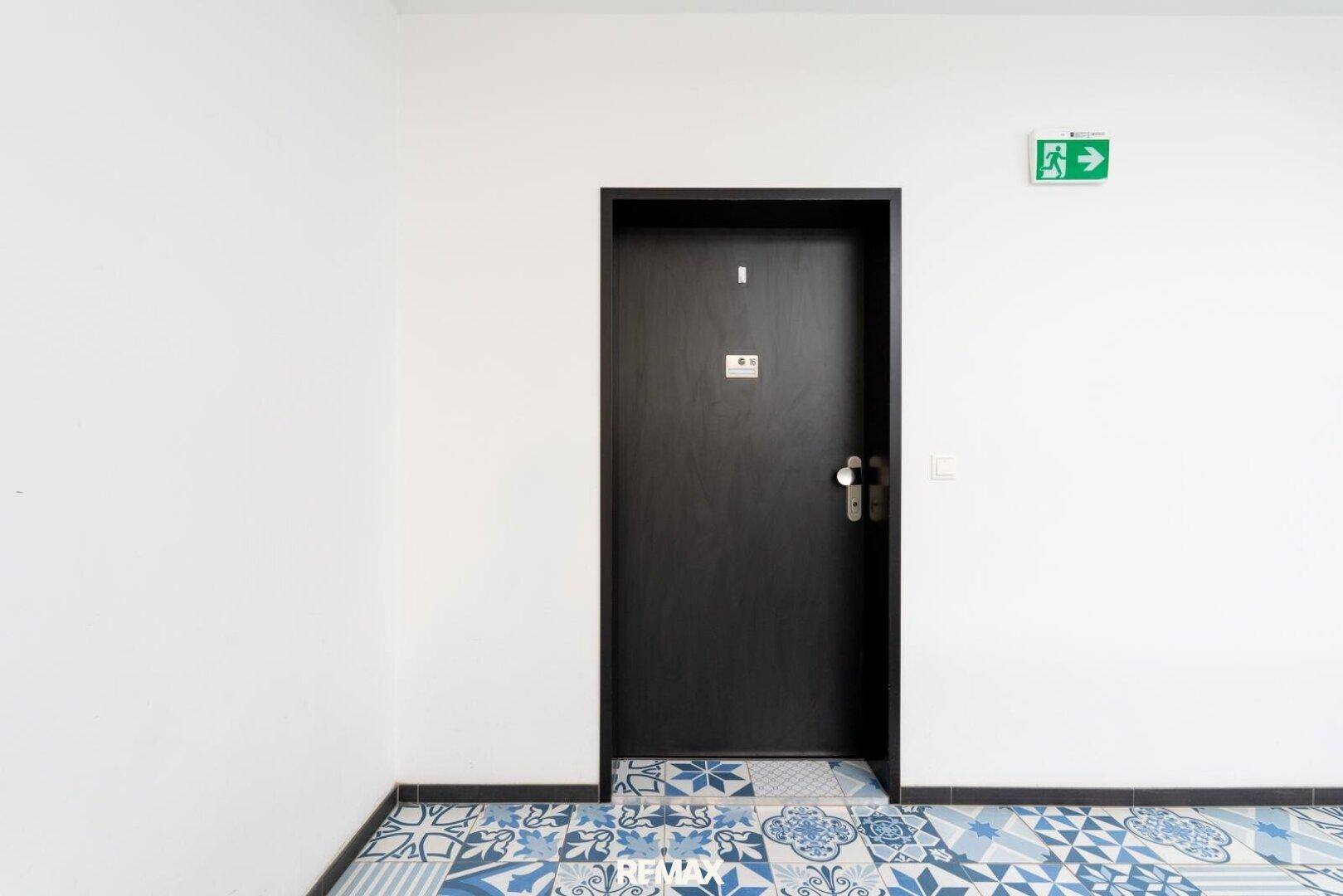 Eingangsbereich mit einer dunklen Tür und einem auffälligen blau-weißen Fliesenboden in modernem Design.