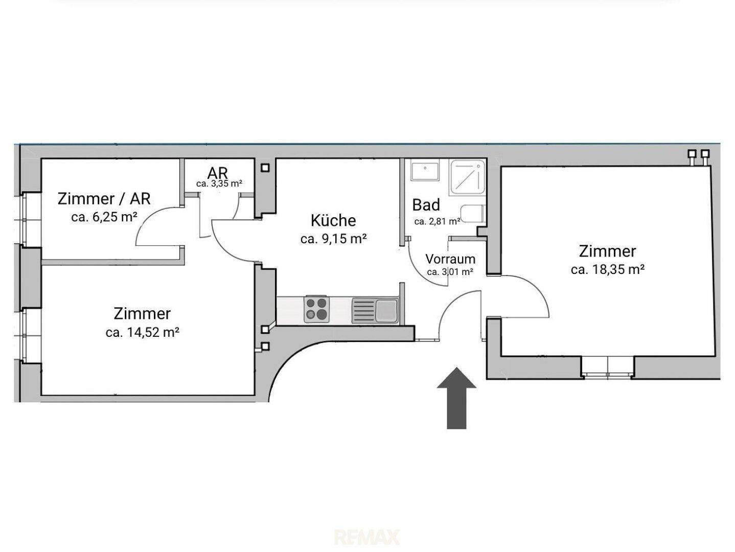 Grundrissplan mit mehreren Zimmern, Küche, Bad und Vorraum, inklusive Flächenangaben.