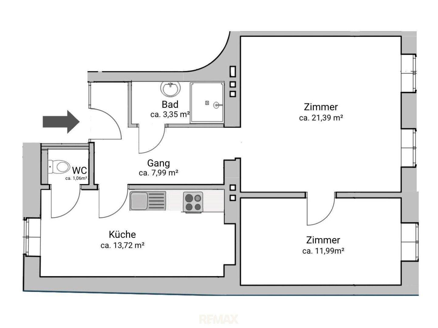 Grundriss einer Wohnung mit Bad, WC, Küche und zwei Zimmern, inklusive Flächenangaben.