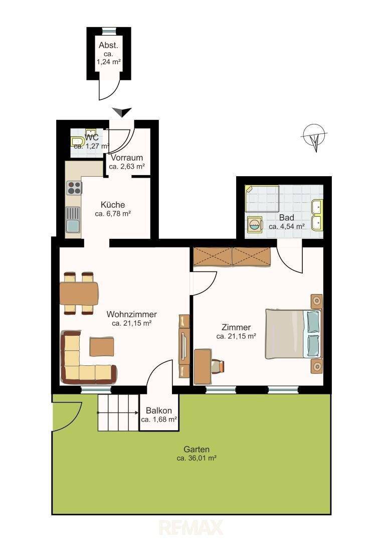 Detaillierter Grundriss einer Wohnung mit Küche, Wohnzimmer, Schlafzimmer, Bad, WC, Balkon und Garten.