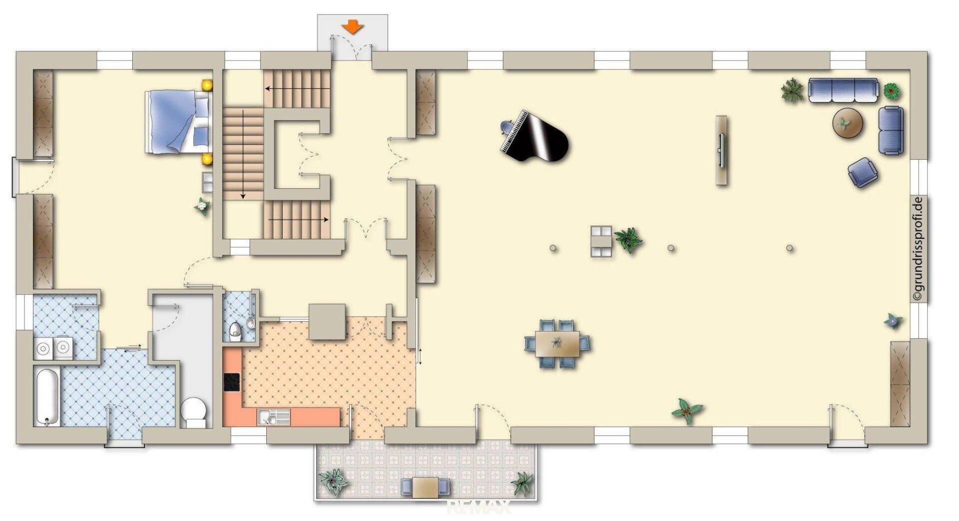 Grundriss des Erdgeschosses mit Schlafzimmer, Bad, Küche und großem Wohnbereich.