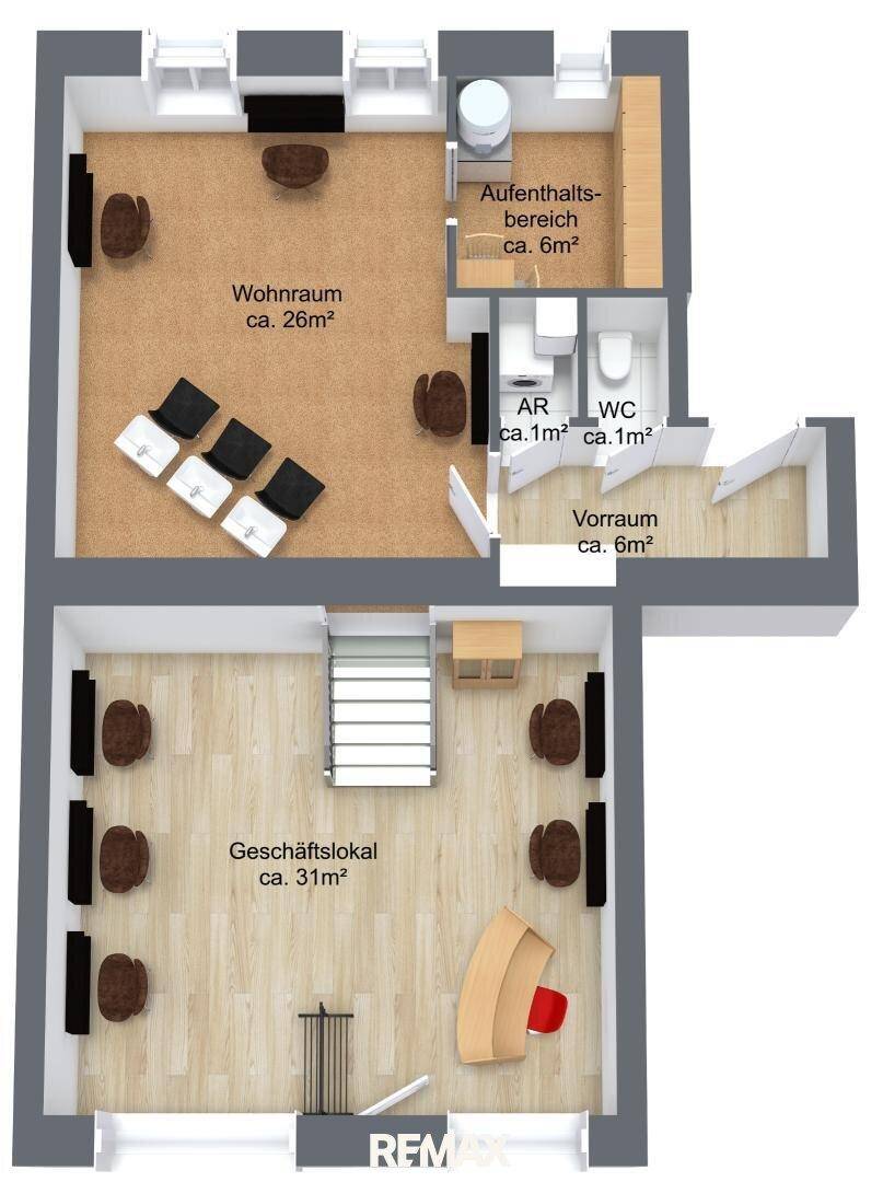 3D-Grundriss mit zwei Ebenen, einem Wohnraum und einem Geschäftslokal, inklusive Möblierung.