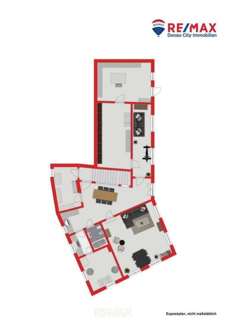 Grundriss des Dachgeschosses mit großem Raum, Bad und Abstellflächen.