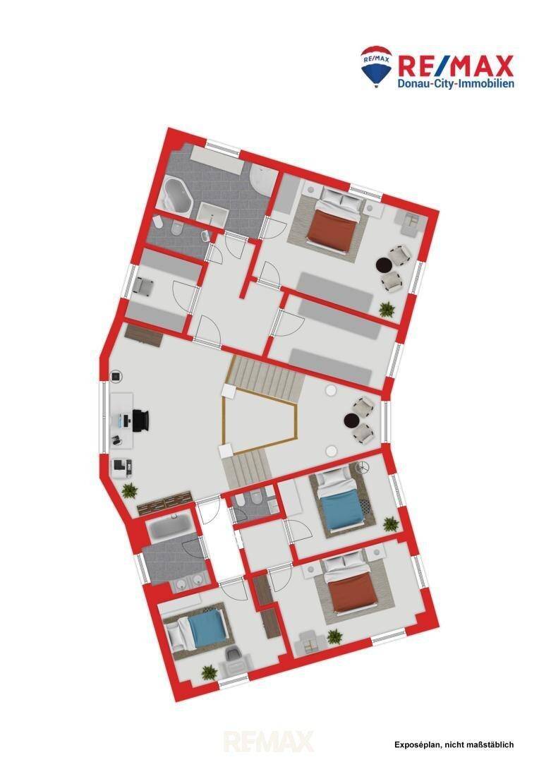 Grundriss des Obergeschosses mit mehreren Schlafzimmern und Bädern, sowie einer Treppe.