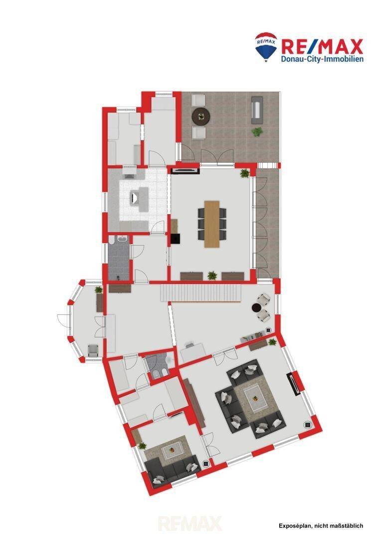 Grundriss des Erdgeschosses mit offenem Wohnbereich, Esszimmer und Zugang zur Terrasse.