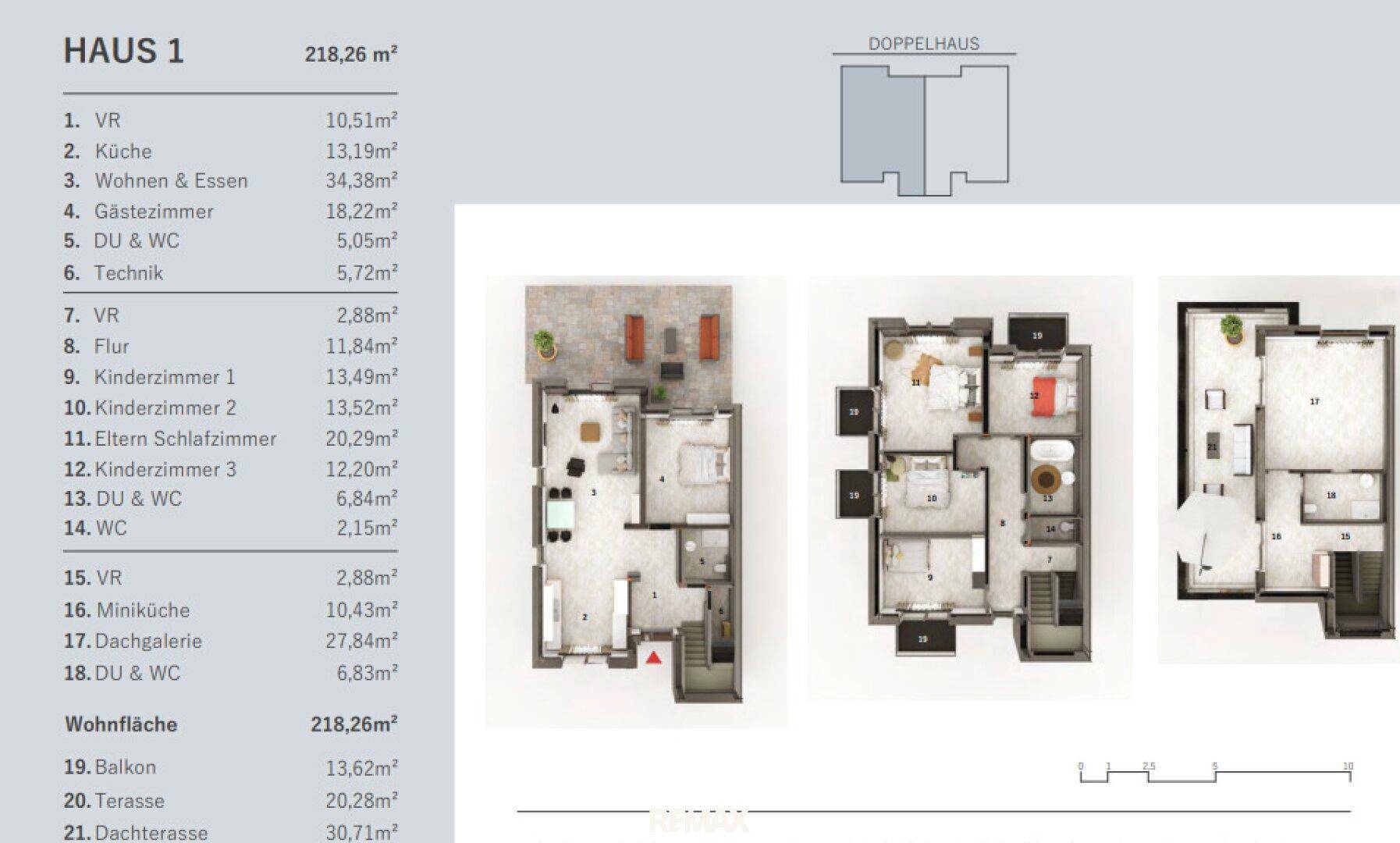 Detaillierter Grundriss von Haus 1 mit mehreren Ebenen, Raumaufteilung und Flächenangaben.