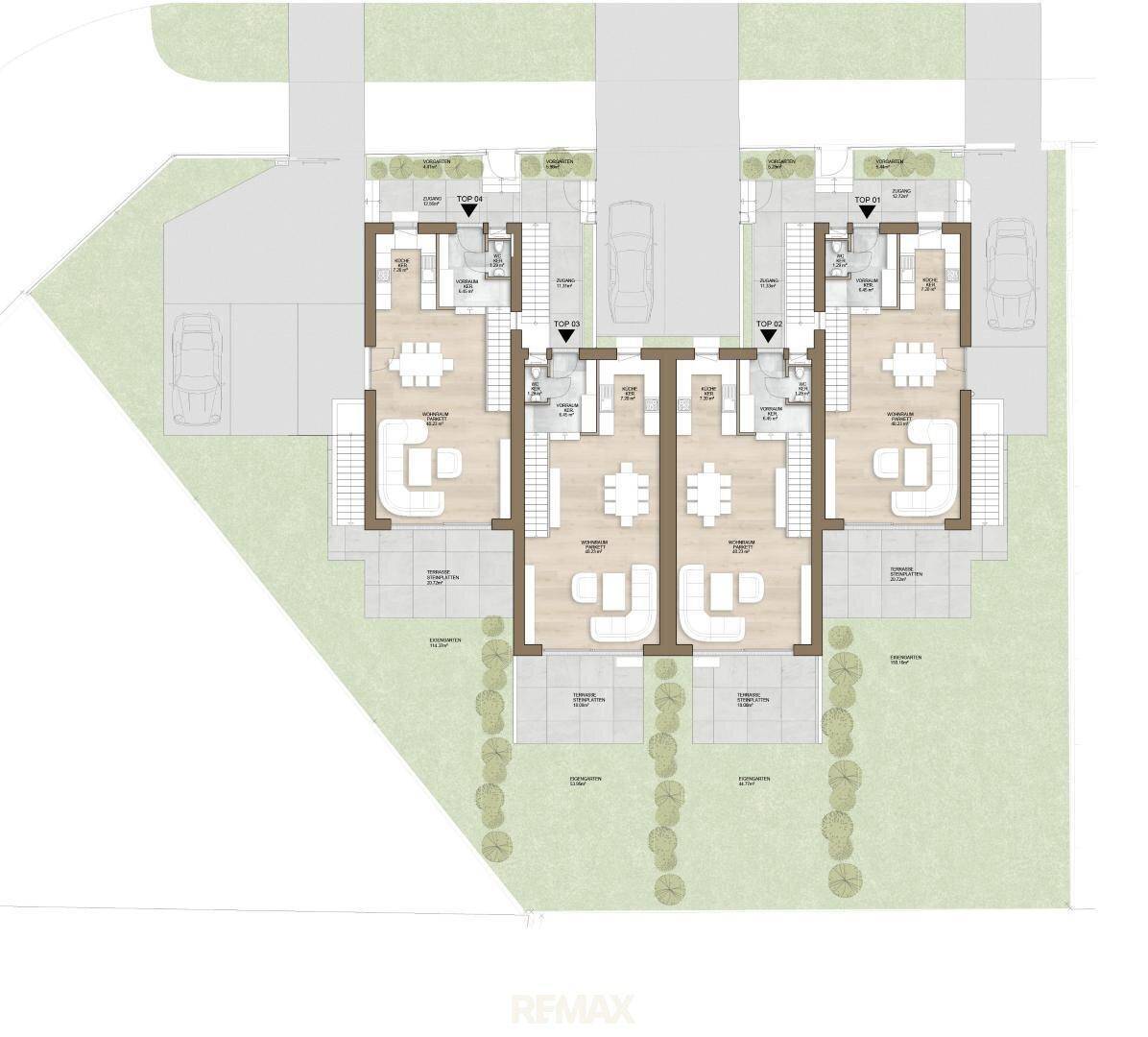 Grundriss des Erdgeschosses mit offenem Wohn-Essbereich, Küche und Zugang zu Garten und Parkplatz.