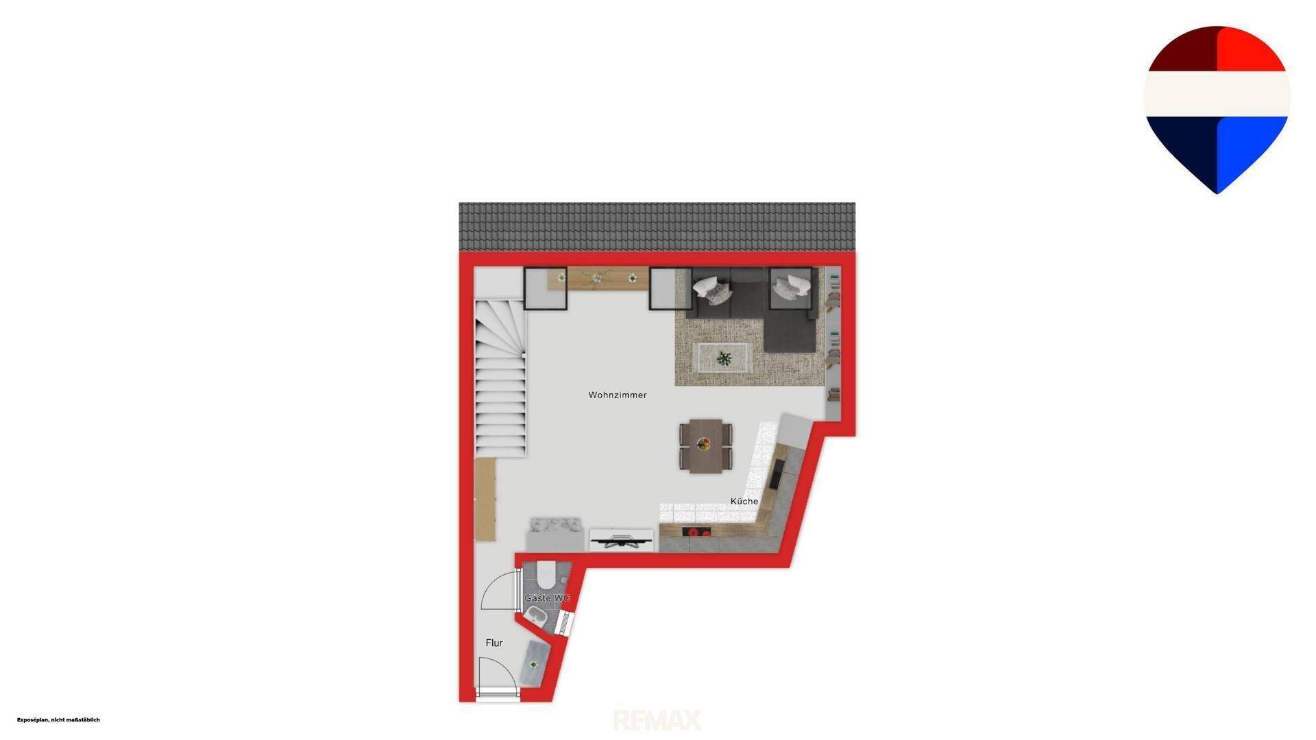 Grundriss des oberen Geschosses mit offenem Wohnbereich, Küche und Treppe.