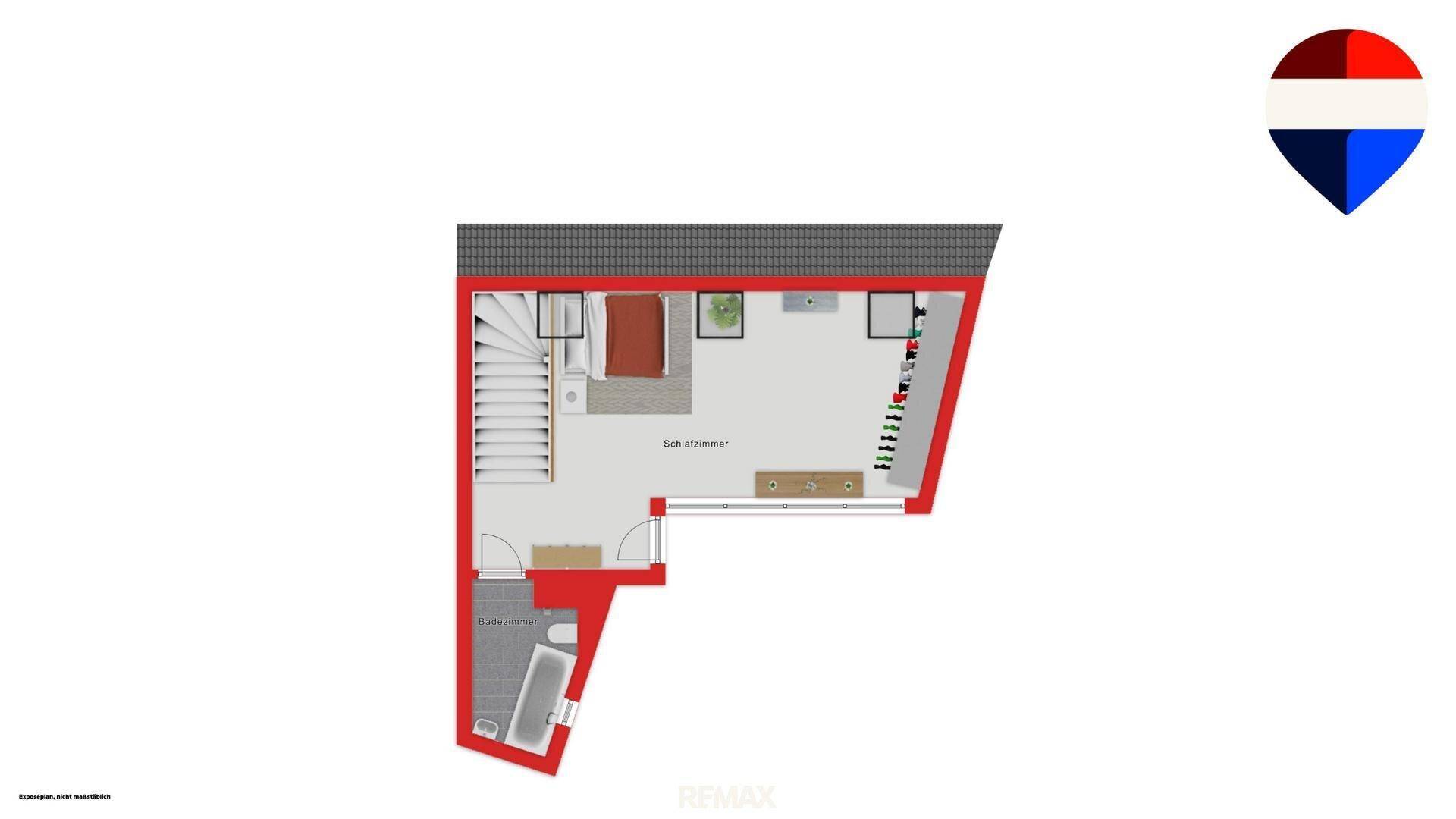 Grundriss des unteren Geschosses mit Schlafzimmer, Bad und Treppe.