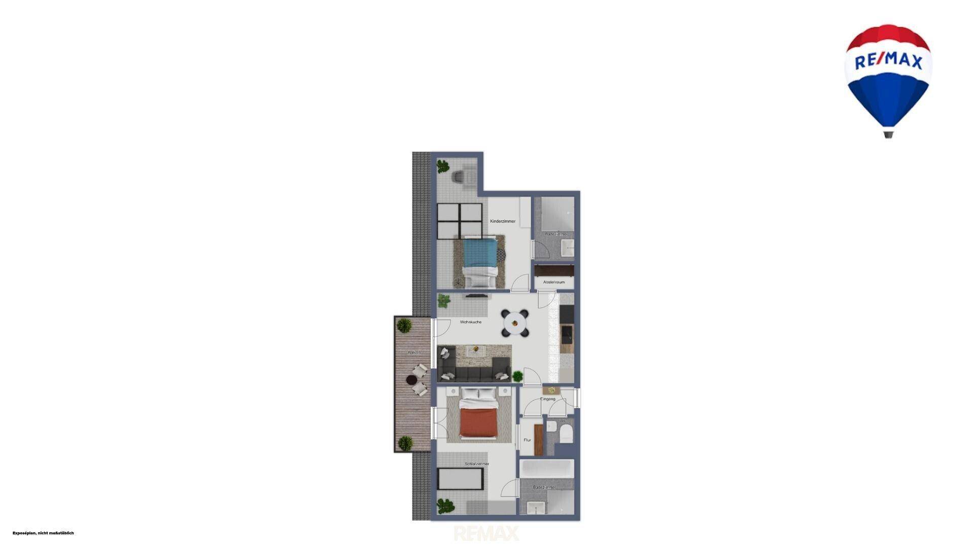 Detaillierter Grundriss einer Wohnung mit zwei Schlafzimmern und Balkon.