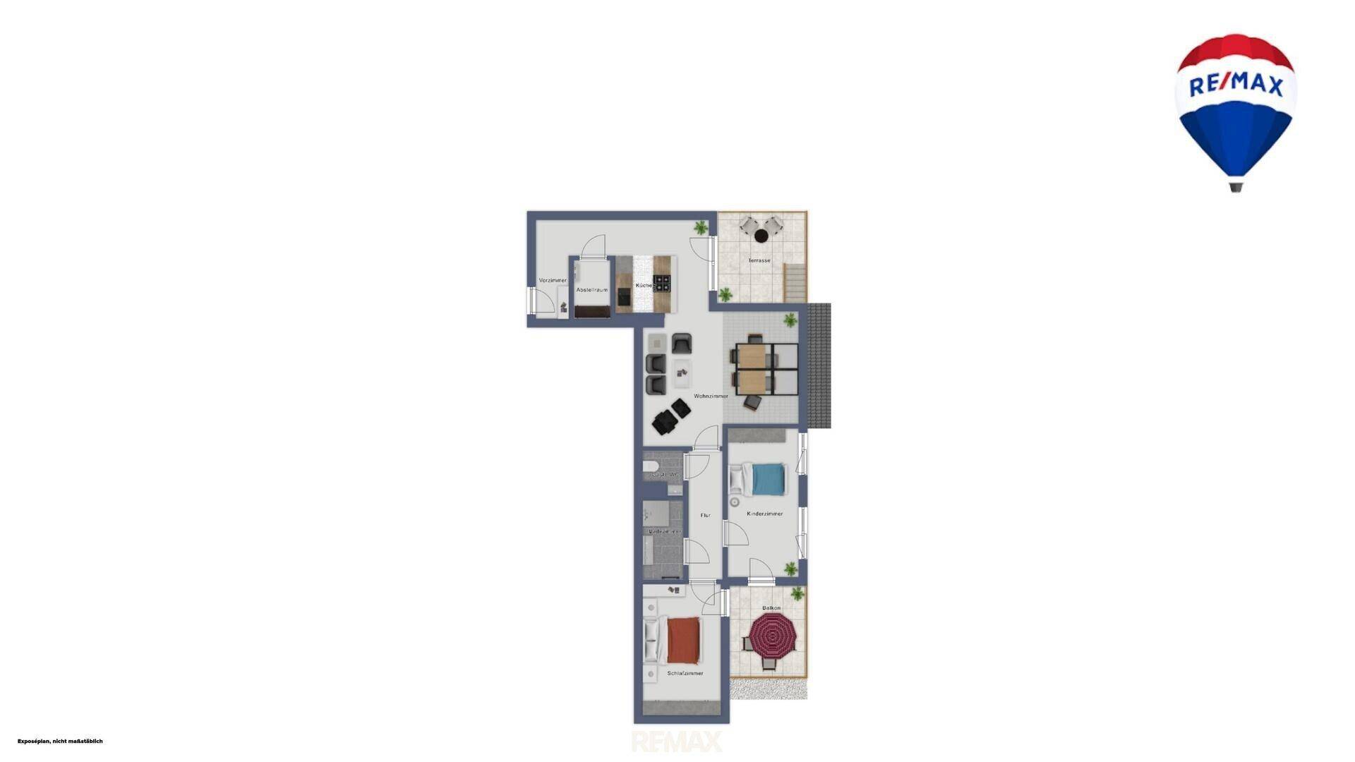 Grundriss einer Wohnung mit offenem Wohnbereich und separaten Schlafzimmern.