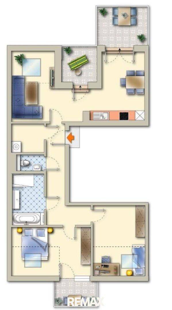 Farbiger Grundriss einer Wohnung mit offenem Wohnbereich, Schlafzimmer und Balkon.
