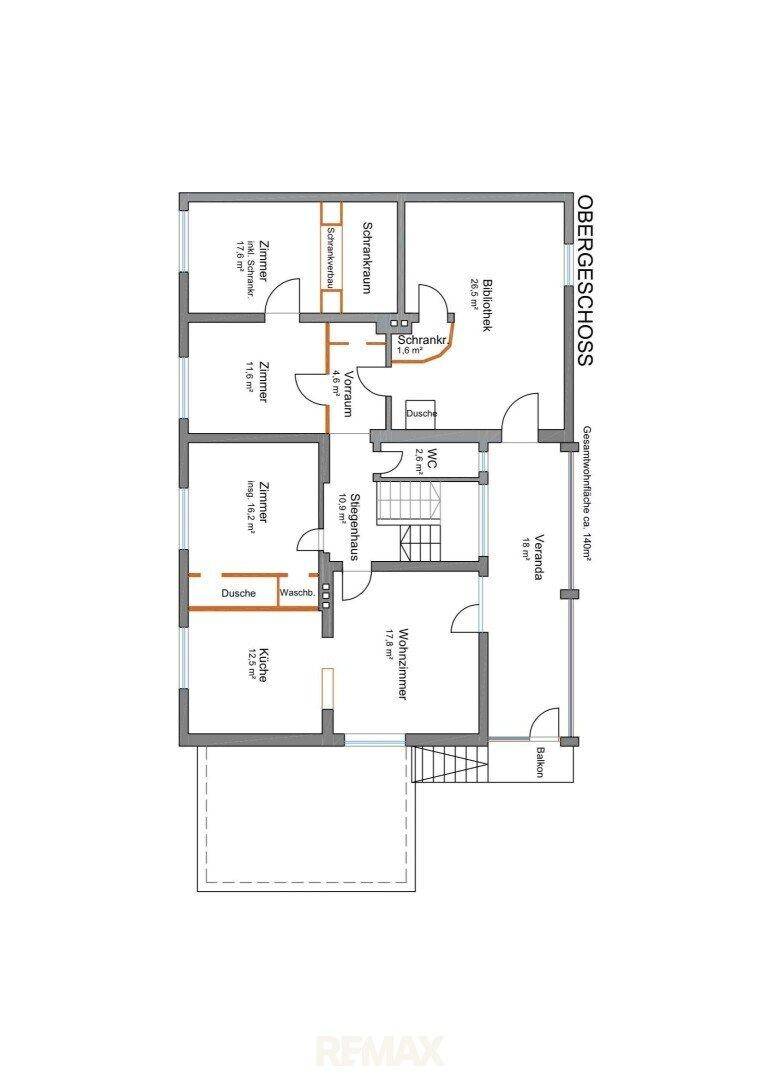 Grundriss des Obergeschosses mit Schlafzimmern, Bibliothek, Bad und Balkon.