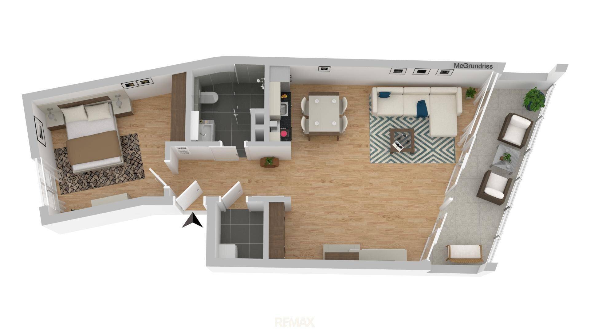 Visualisierter Grundriss einer Wohnung mit Schlafzimmer, Bad und offenem Wohnbereich.