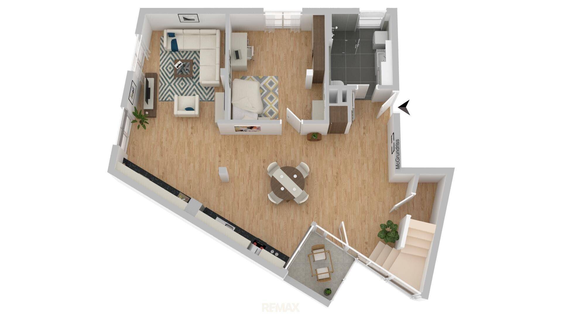 3D-Grundriss einer Wohnung mit offenem Wohnbereich, Schlafzimmer und Bad.