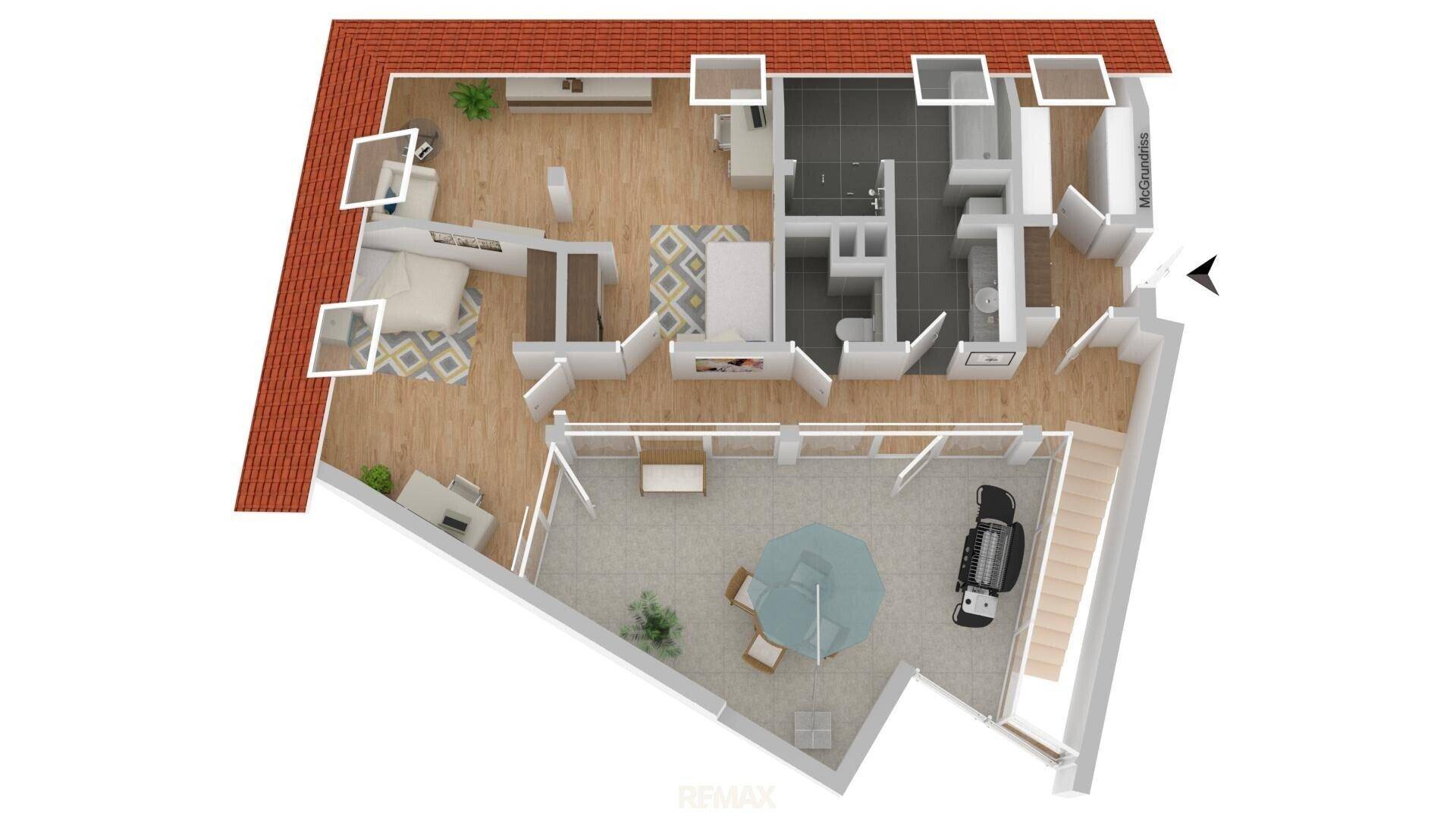 3D-Grundriss einer Dachgeschosswohnung mit großer Terrasse und offenem Wohnbereich.