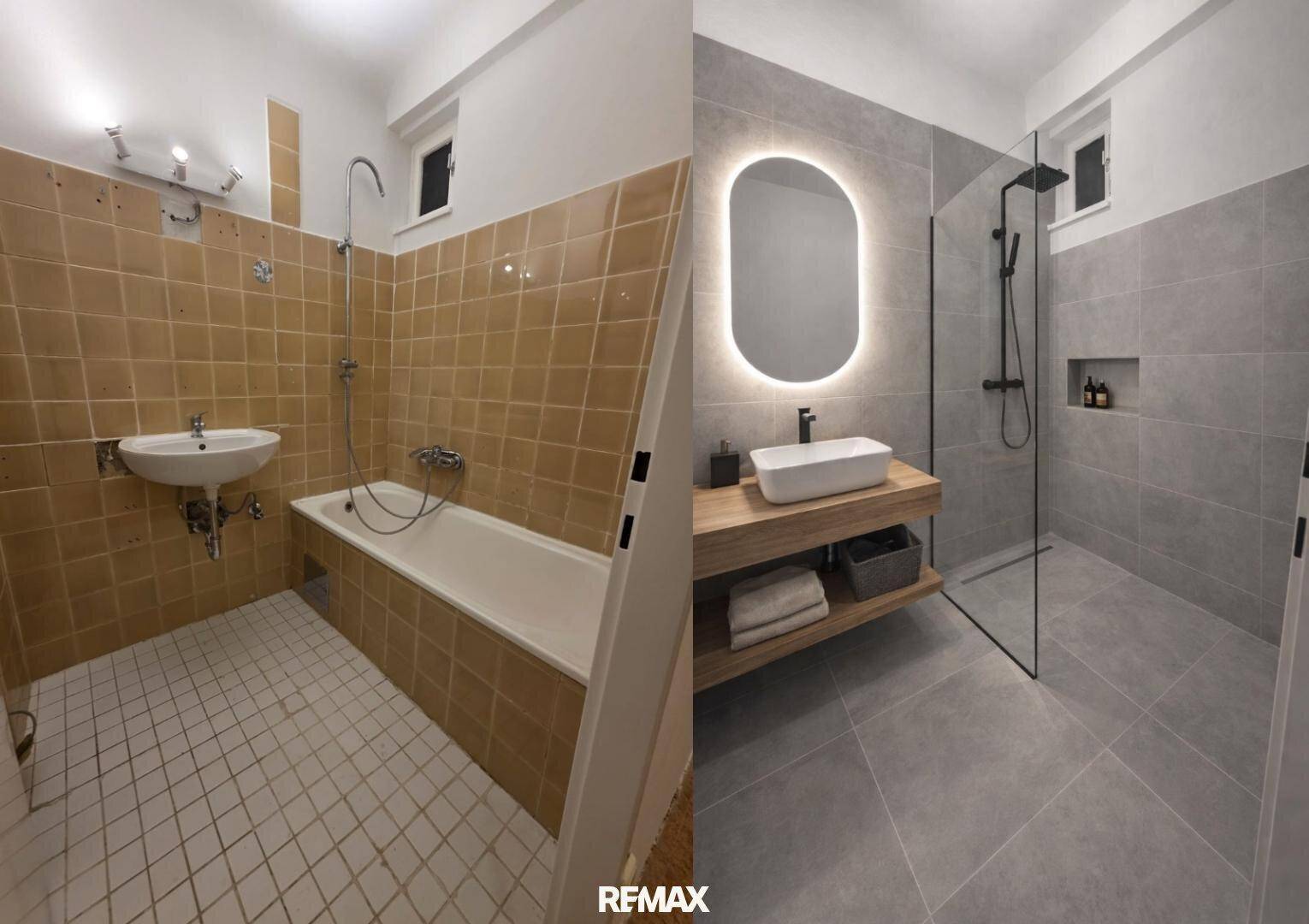Vorher-Nachher-Vergleich eines Badezimmers, das modernisiert wurde mit begehbarer Dusche.