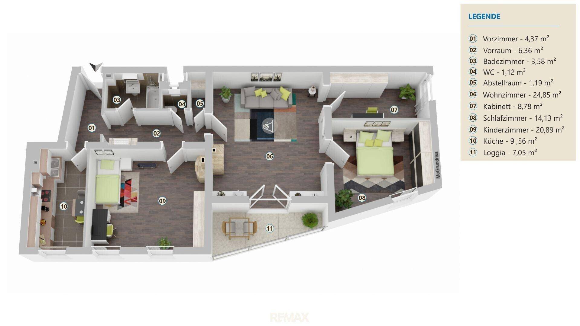 Detaillierter Grundriss einer Wohnung mit mehreren Zimmern und einer Loggia.