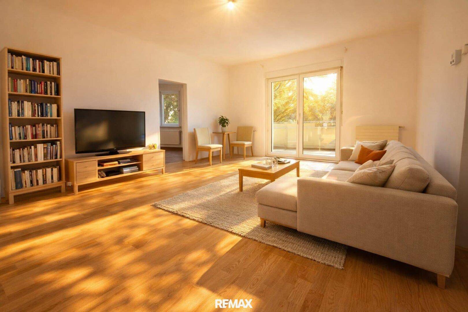 Lichtdurchflutetes Wohnzimmer mit Holzboden, Sofa und Zugang zu einem Balkon.