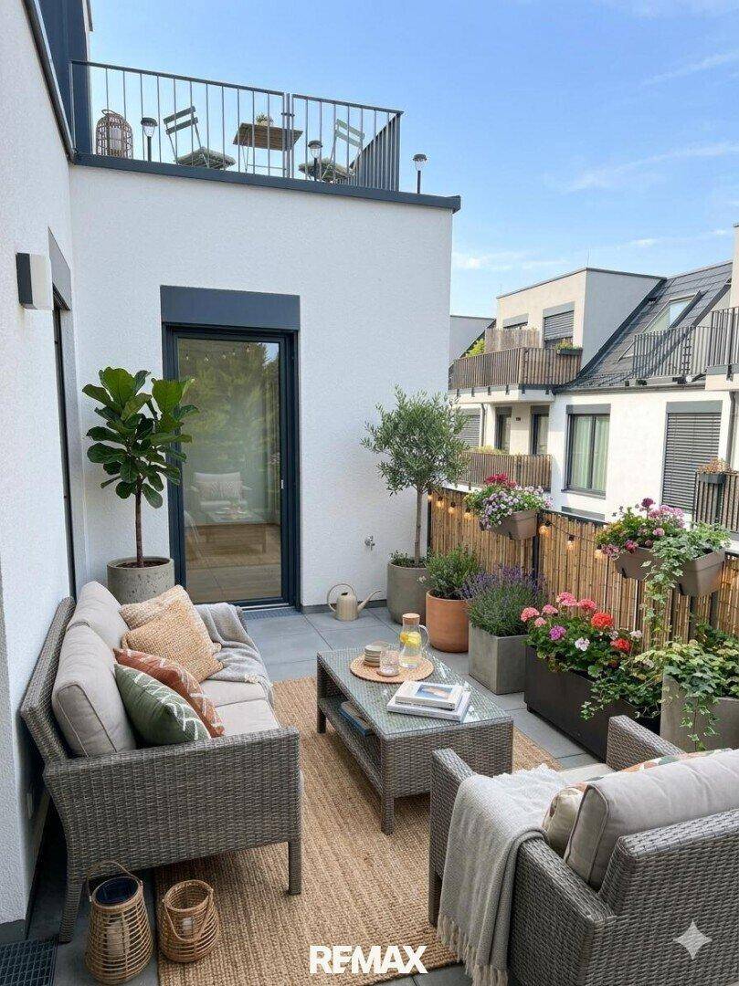 Gemütlicher Balkon mit Sitzgelegenheiten und vielen Pflanzen, bietet einen schönen Blick auf die Umgebung.