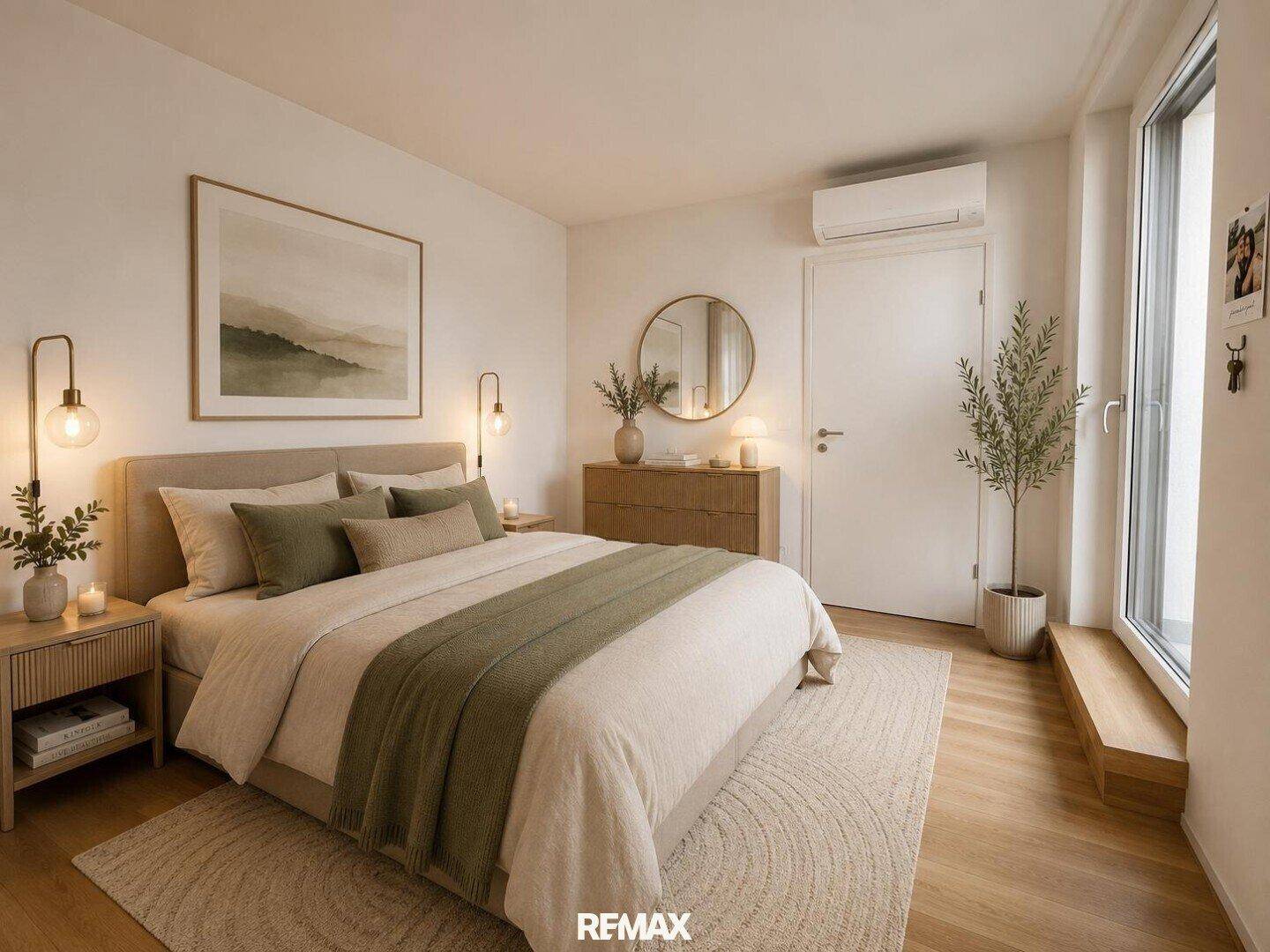 Gemütliches Schlafzimmer mit Holzboden, Klimaanlage und Zugang zu einem Außenbereich, hell und modern eingerichtet.