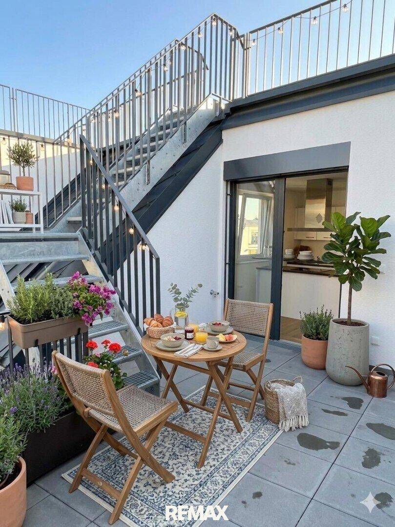 Charmante Terrasse mit kleinem Esstisch und Pflanzen, Treppe führt zur oberen Dachterrasse.