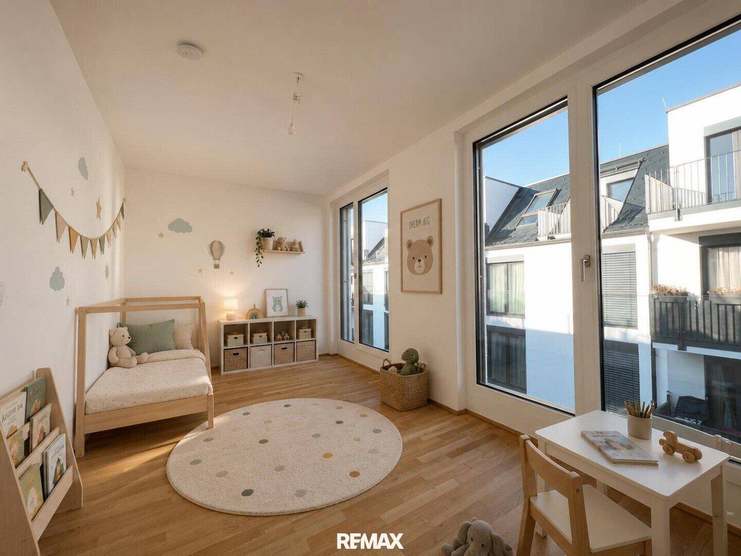 Freundliches Kinderzimmer mit Holzboden, großen Fenstern und kindgerechter Dekoration, ideal für kleine Bewohner.