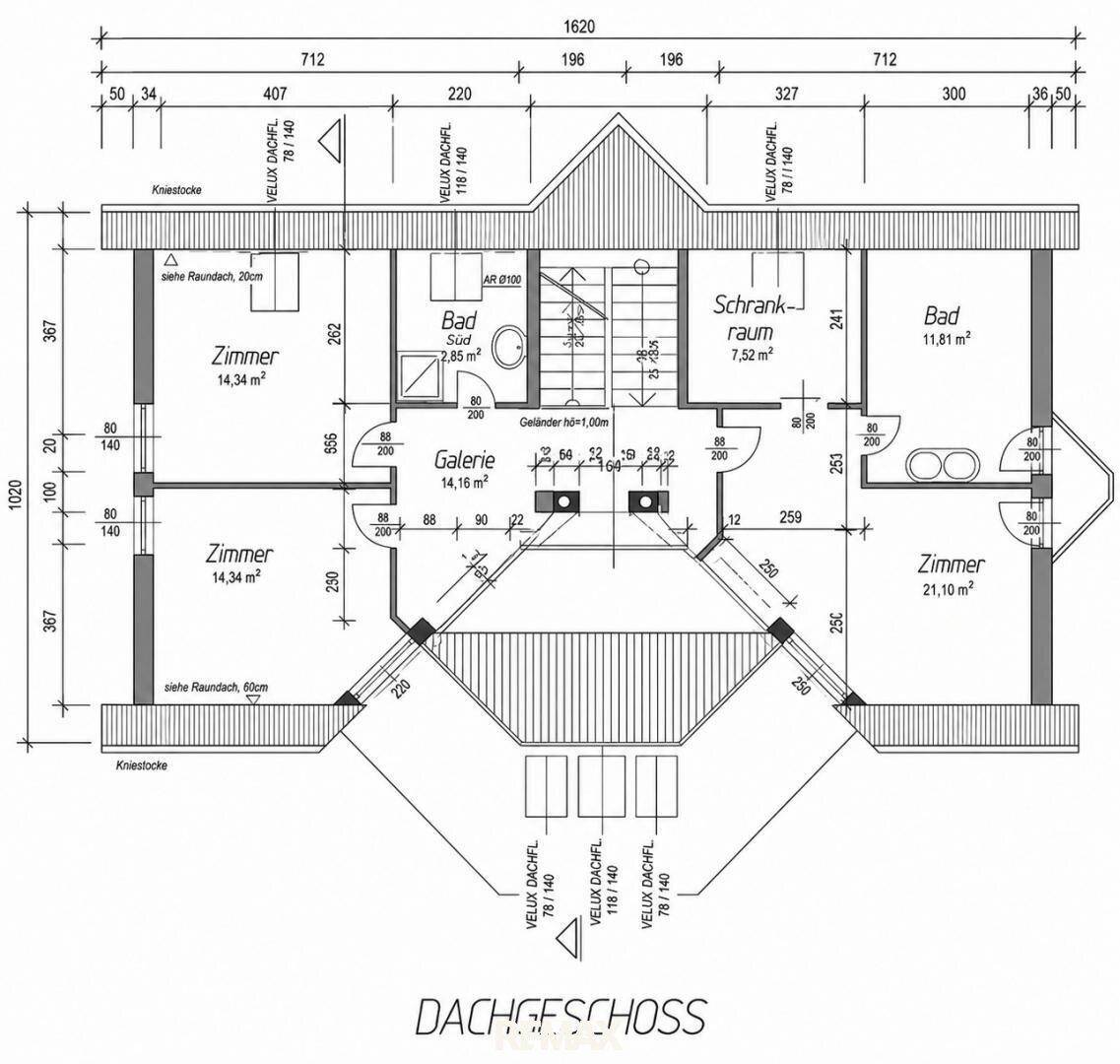 Grundriss des Dachgeschosses mit mehreren Zimmern, Bädern und Galerie.