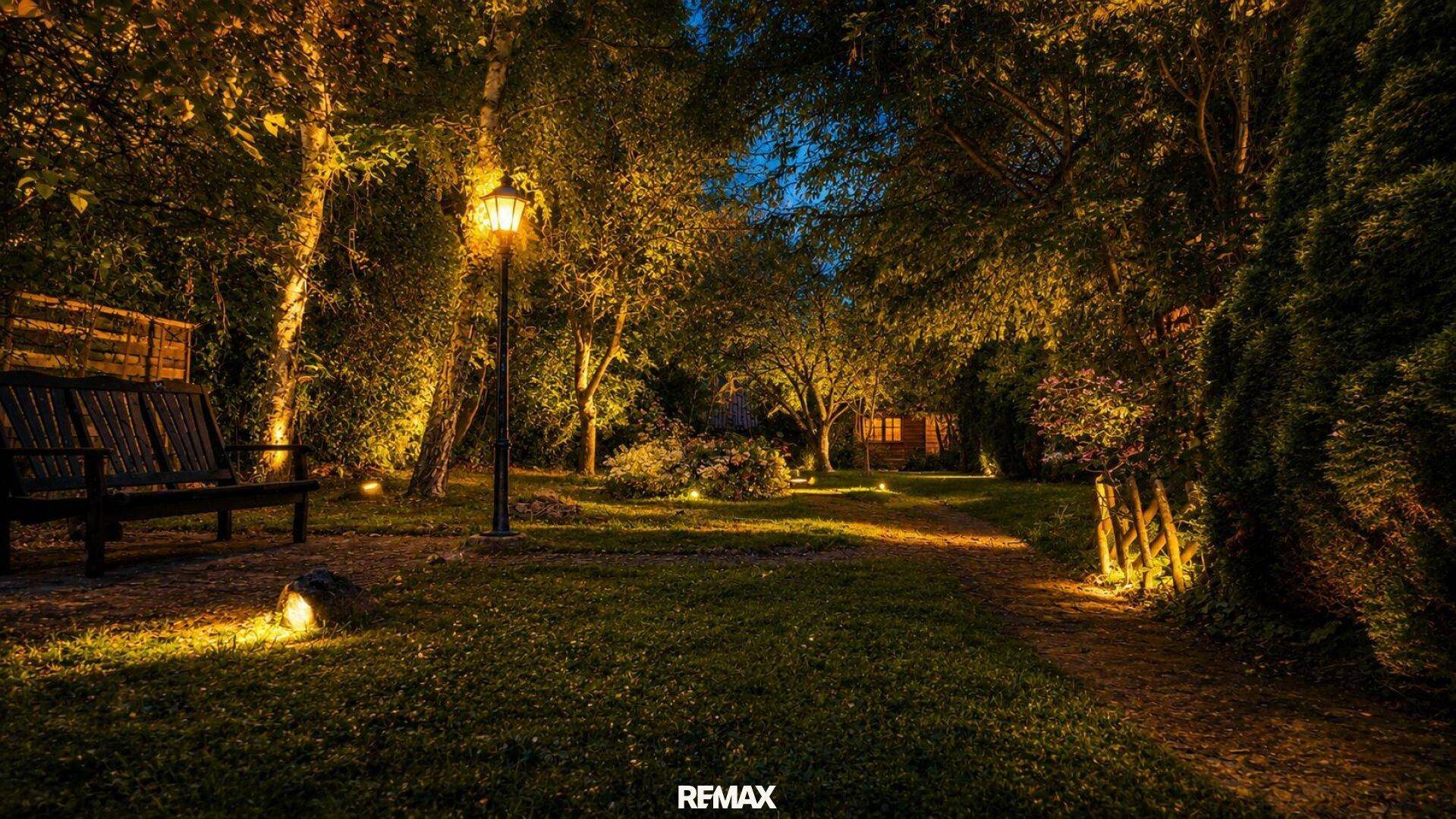 Romantischer Garten bei Nacht mit stimmungsvoller Beleuchtung, Sitzbank und beleuchteten Bäumen.