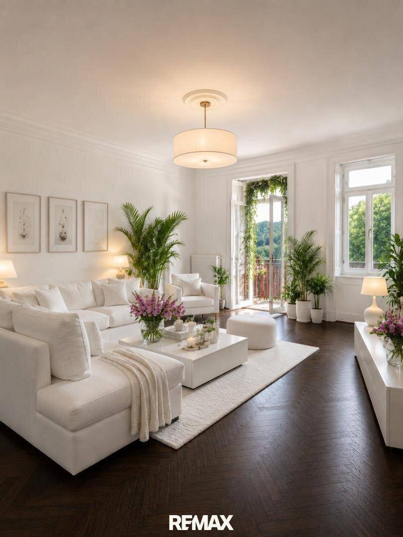 Helles Wohnzimmer mit dunklem Fischgrätparkett, weißen Sofas und Zugang zu einem französischen Balkon.