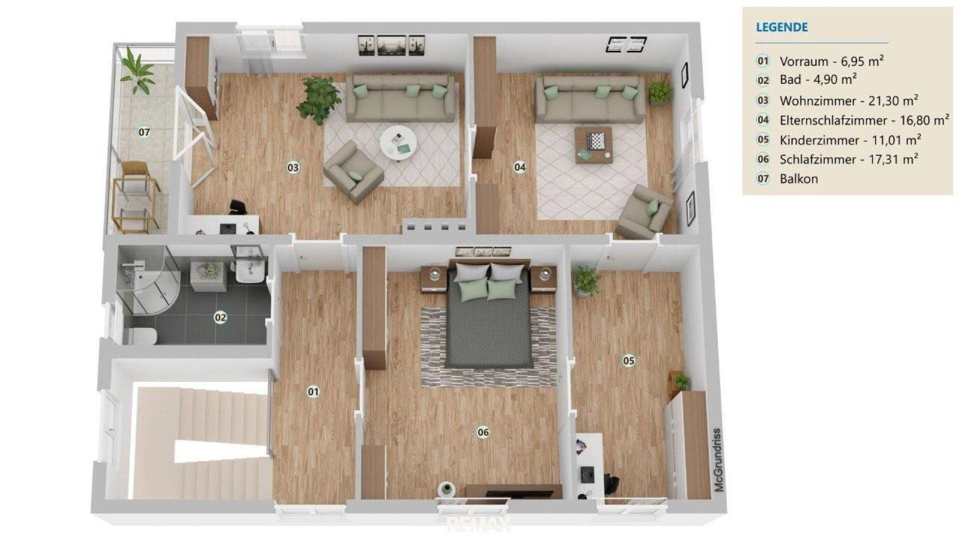 Grundriss des Obergeschosses mit Wohnzimmer, Schlafzimmern und Balkon.