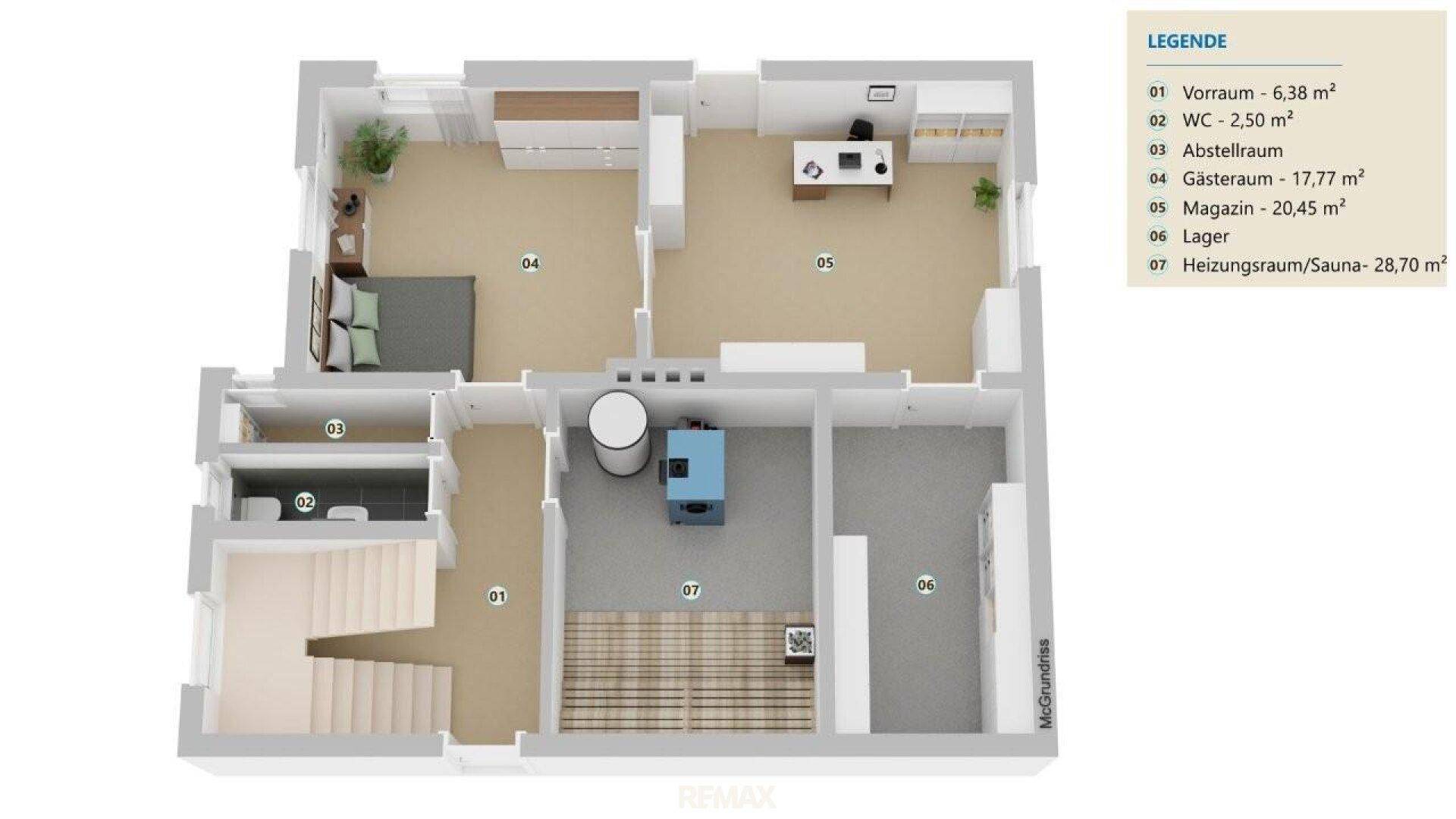 Grundriss des Untergeschosses mit Gästezimmer, Magazin und Heizungsraum mit Sauna.