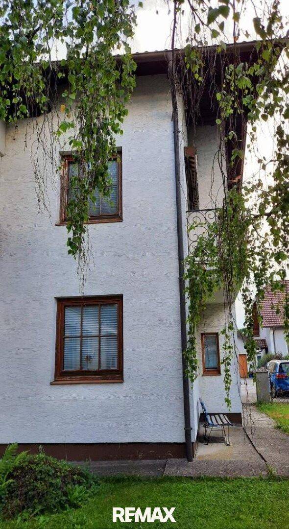 Seitenansicht des Hauses mit Fenstern und üppiger Begrünung an der Fassade.