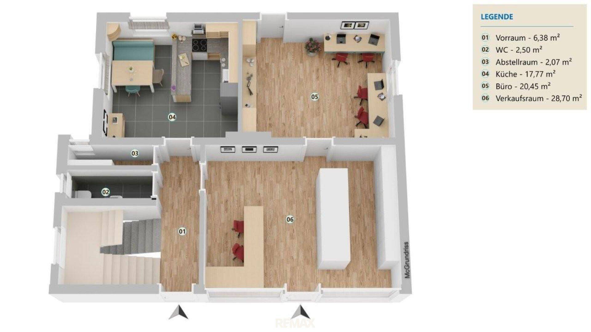 Grundriss des Erdgeschosses mit Küche, Büro und Verkaufsraum.
