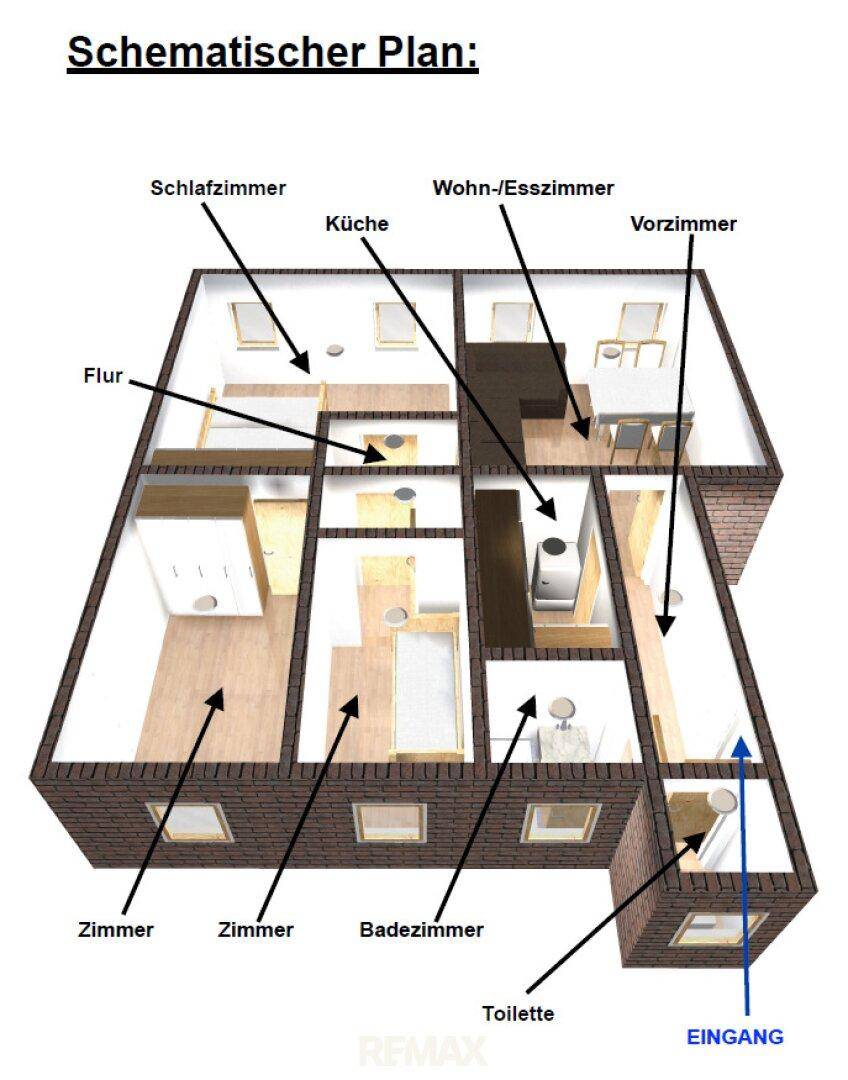 Schematischer Grundriss einer Wohnung mit mehreren Zimmern und Bad.