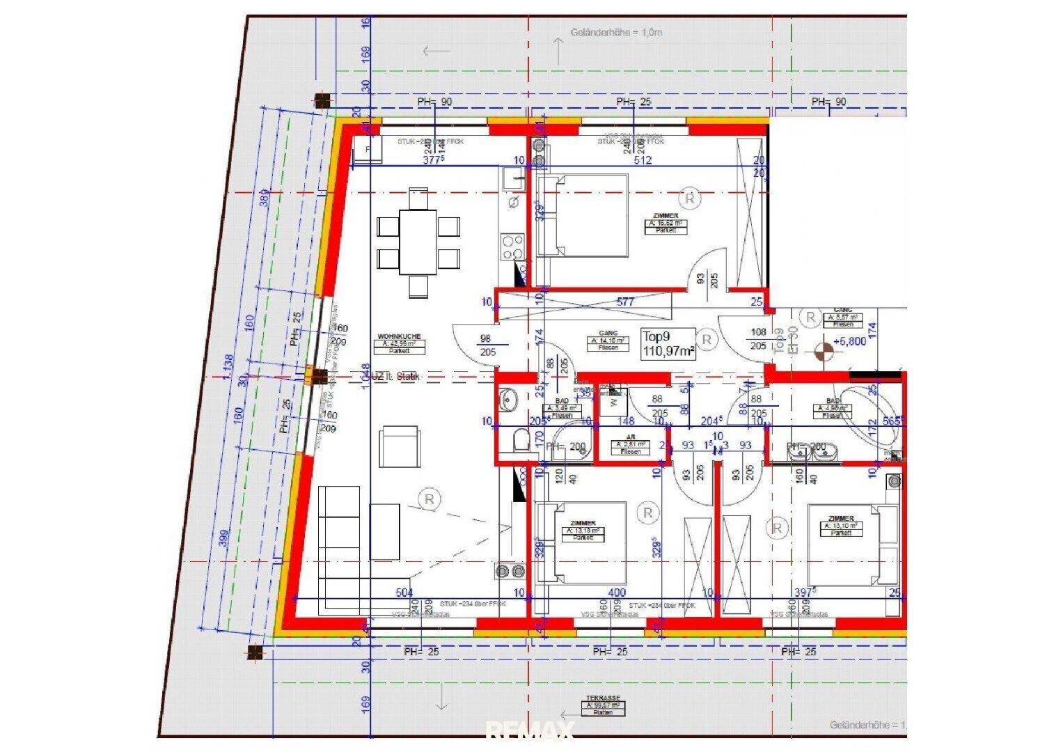 Detaillierter Grundriss einer Wohnung mit offenem Wohnbereich, Essbereich und mehreren Zimmern.