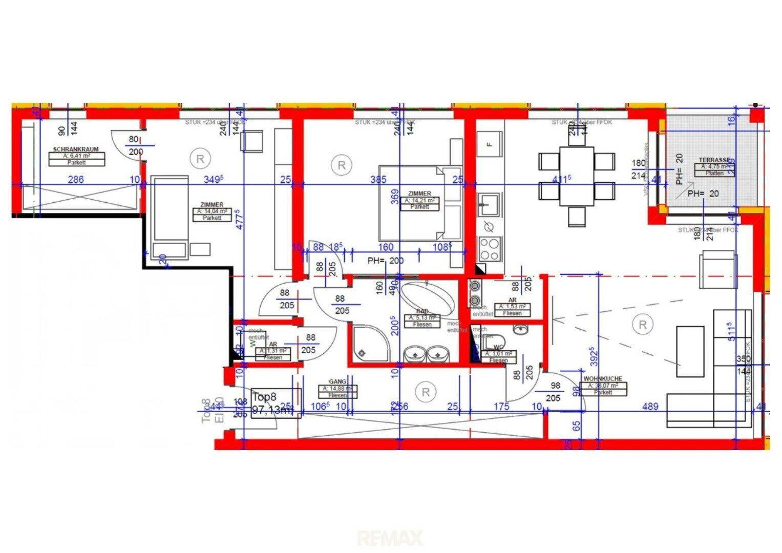 Detaillierter Grundriss einer Wohnung mit Raumaufteilung, Maßen und einer Terrasse.