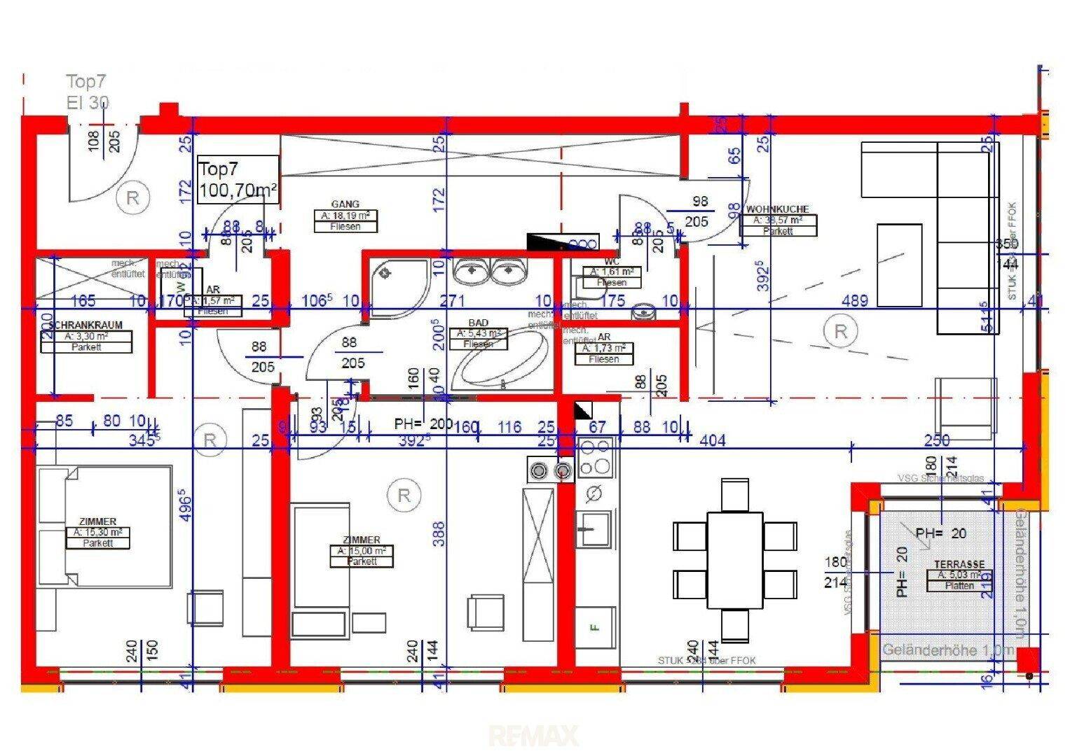 Detaillierter Grundriss einer Wohnung mit Zimmeraufteilung, Maßen und einer Terrasse.