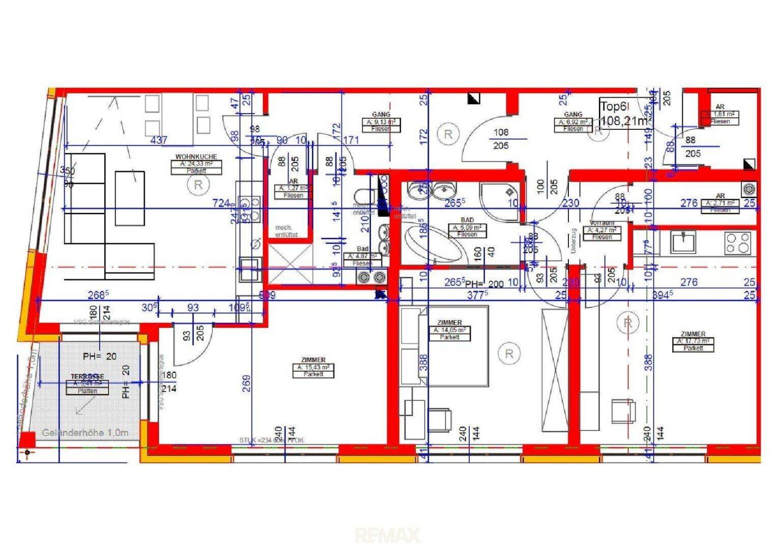 Detaillierter Grundriss einer Wohnung mit mehreren Zimmern, Bad und großer Terrasse.