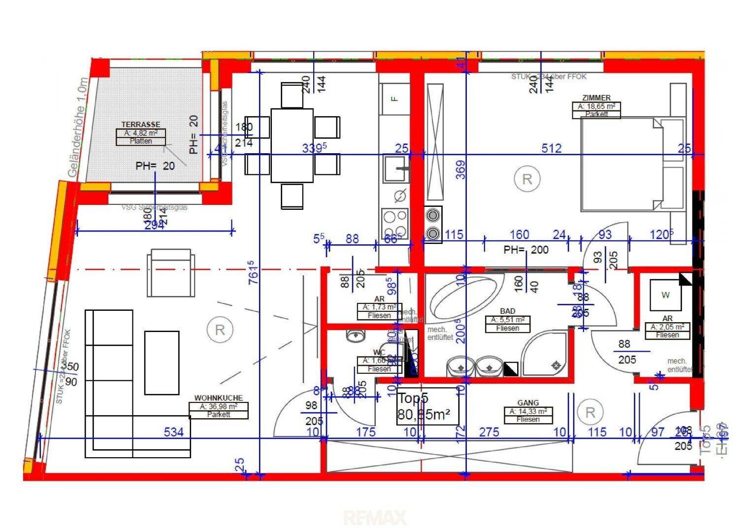 Detaillierter Grundriss einer Wohnung mit Wohnküche, Schlafzimmer und Terrasse.