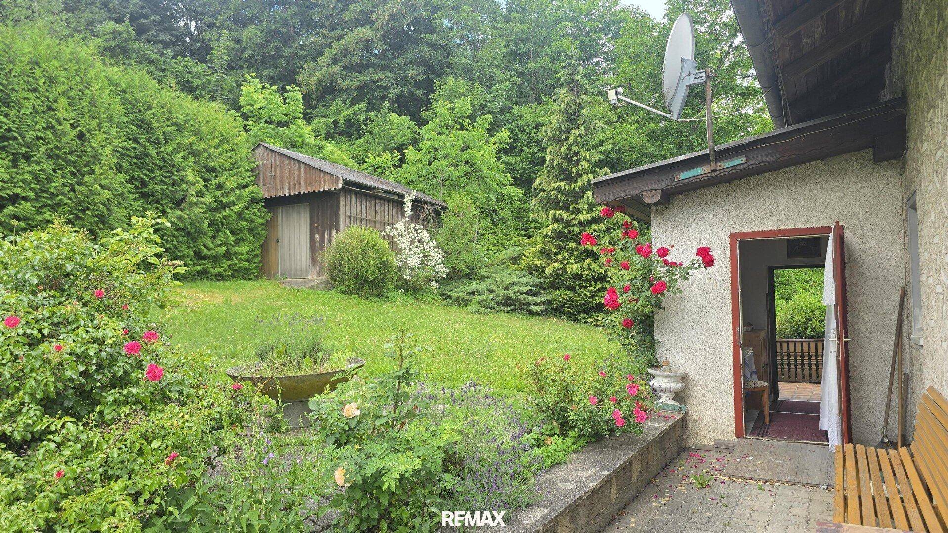 Terrasse am Haus mit Zugang zum großen Garten, einem Holzschuppen und üppiger Vegetation.