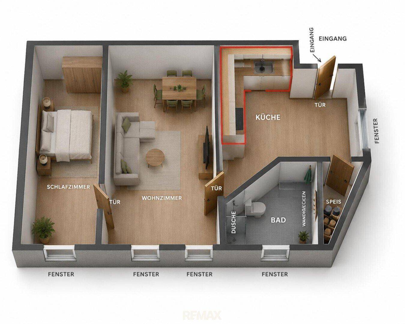 3D-Grundriss einer Wohnung mit Schlafzimmer, Wohnzimmer, Küche und Bad.