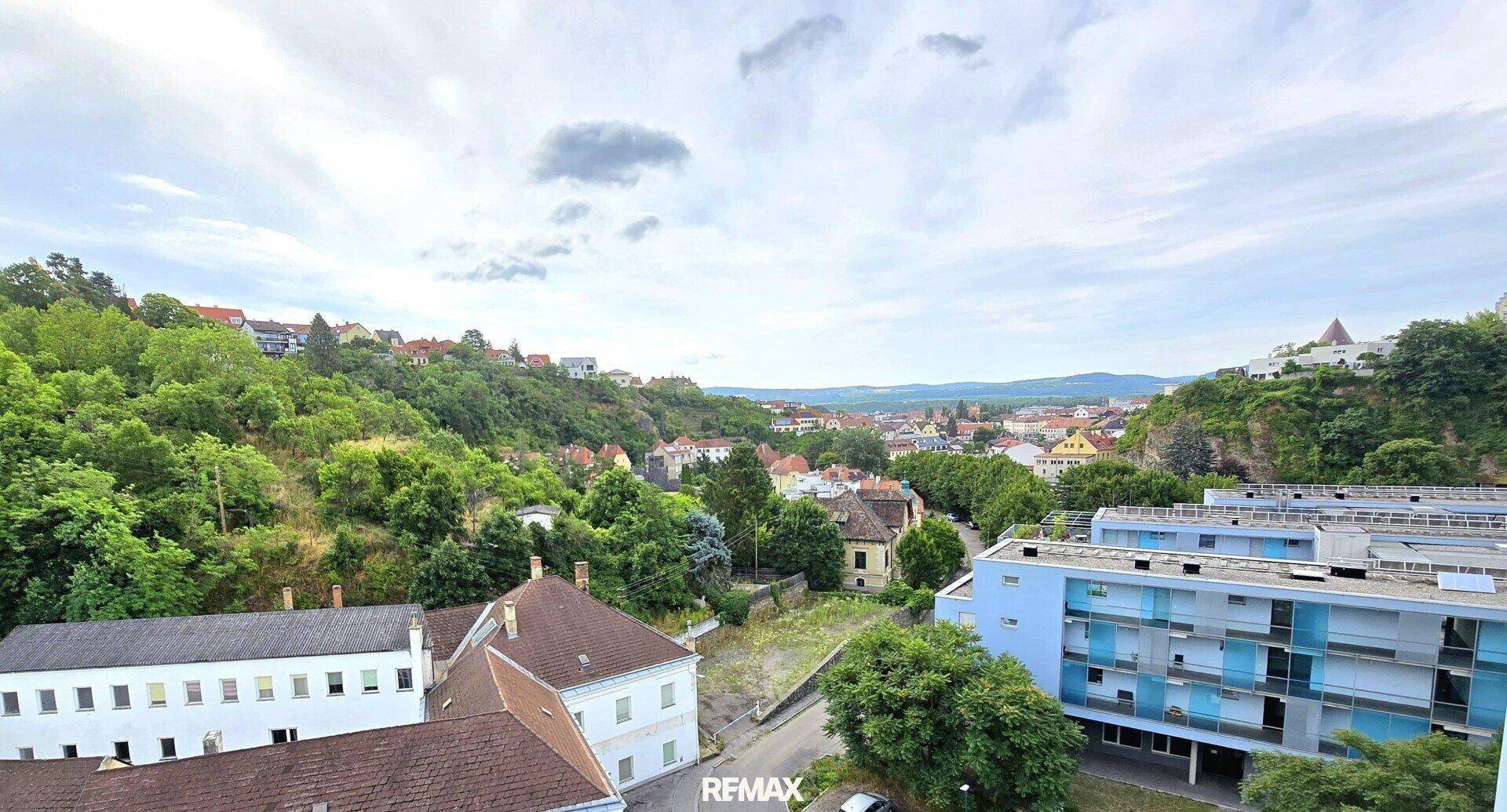 Panoramablick über die Stadt und die bewaldeten Hügel, mit verschiedenen Gebäuden und einem weiten Horizont.