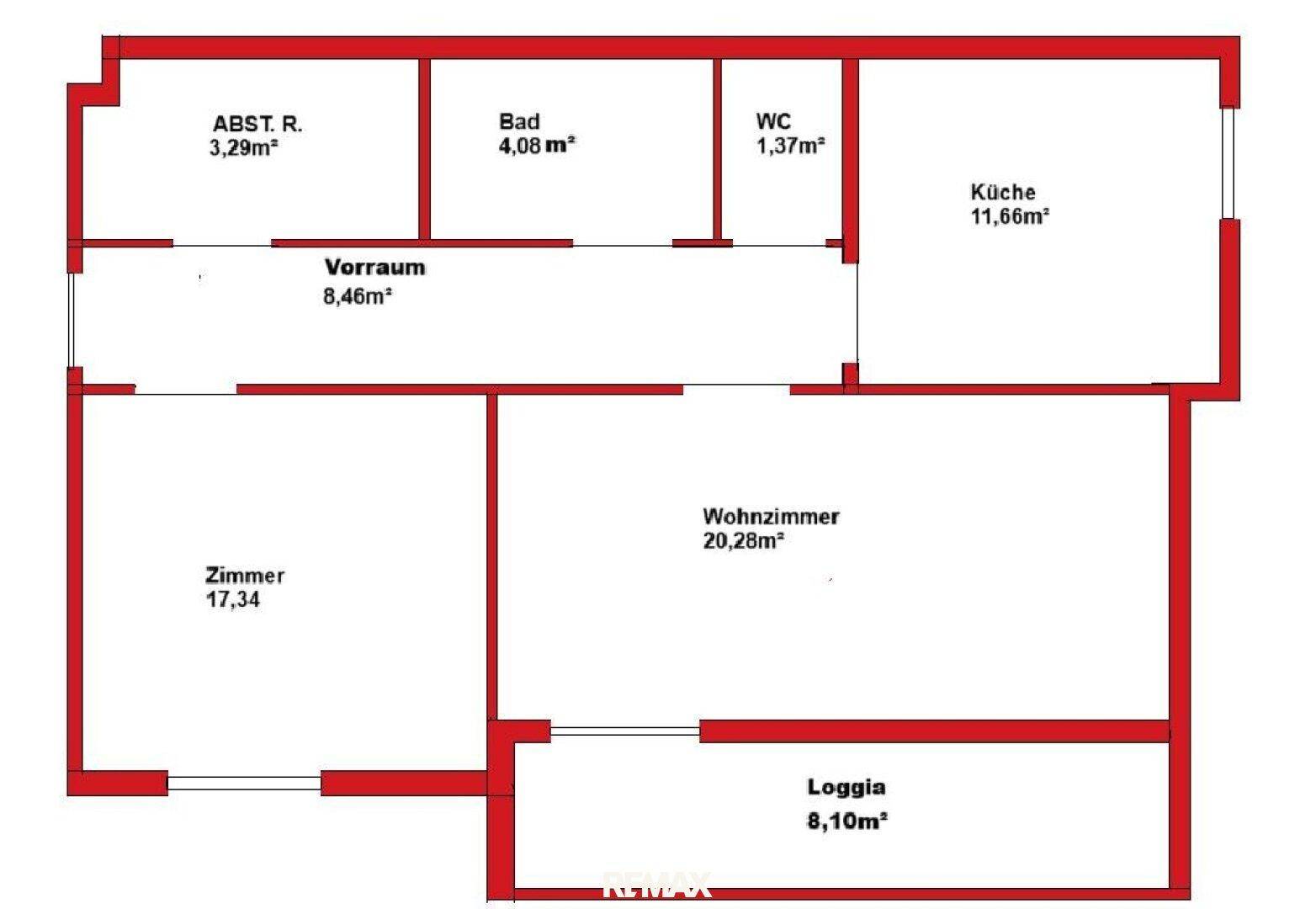 Grundriss der Wohnung mit Zimmern, Bad, WC, Küche, Vorraum und Loggia.