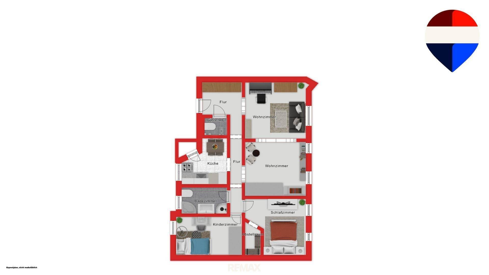 Detaillierter Grundriss einer Wohnung mit mehreren Zimmern und Bädern.